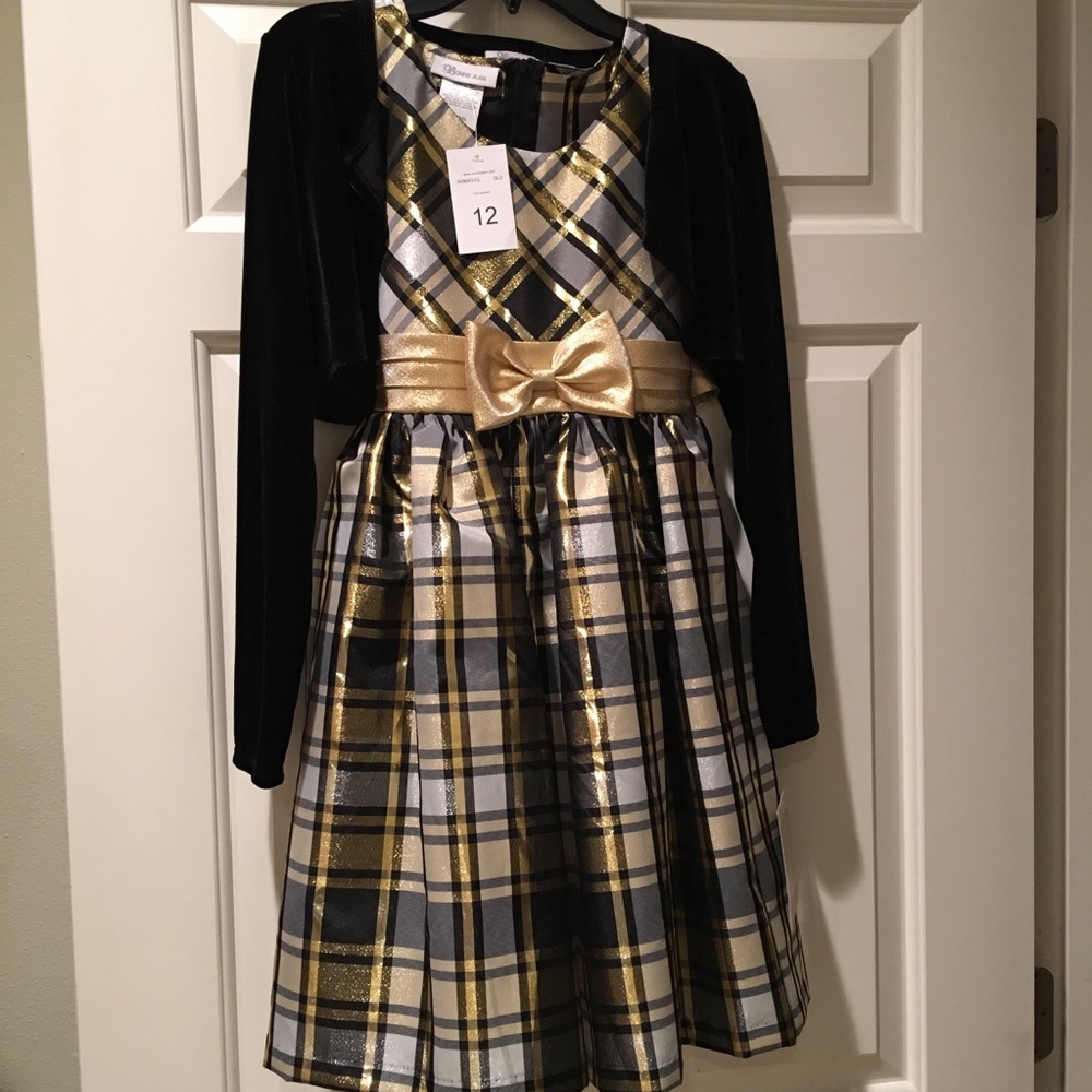 Bonnie Jean Black and Gold Plaid Formal Dress with Gold Bow and Black Bolero